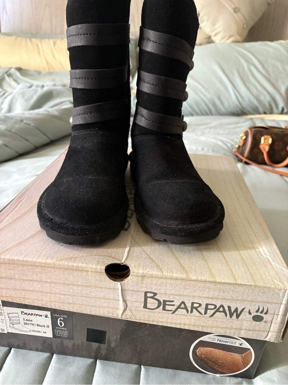 BearPaw Black Suede Strap Mid-Calf Heeled Boots